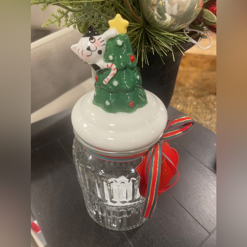 Christmas Cat in a Christmas Tree Ceramic Lid Glass Jar Canister NWT